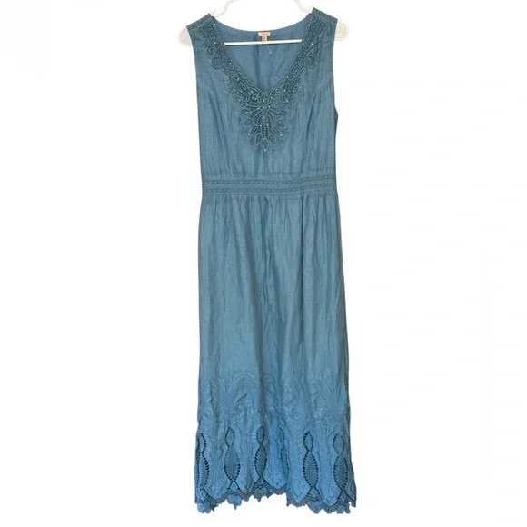 Reba Blue Cotton Midi Dress Embroidered Lace Hem Sleeveless M - Picture 1 of 2